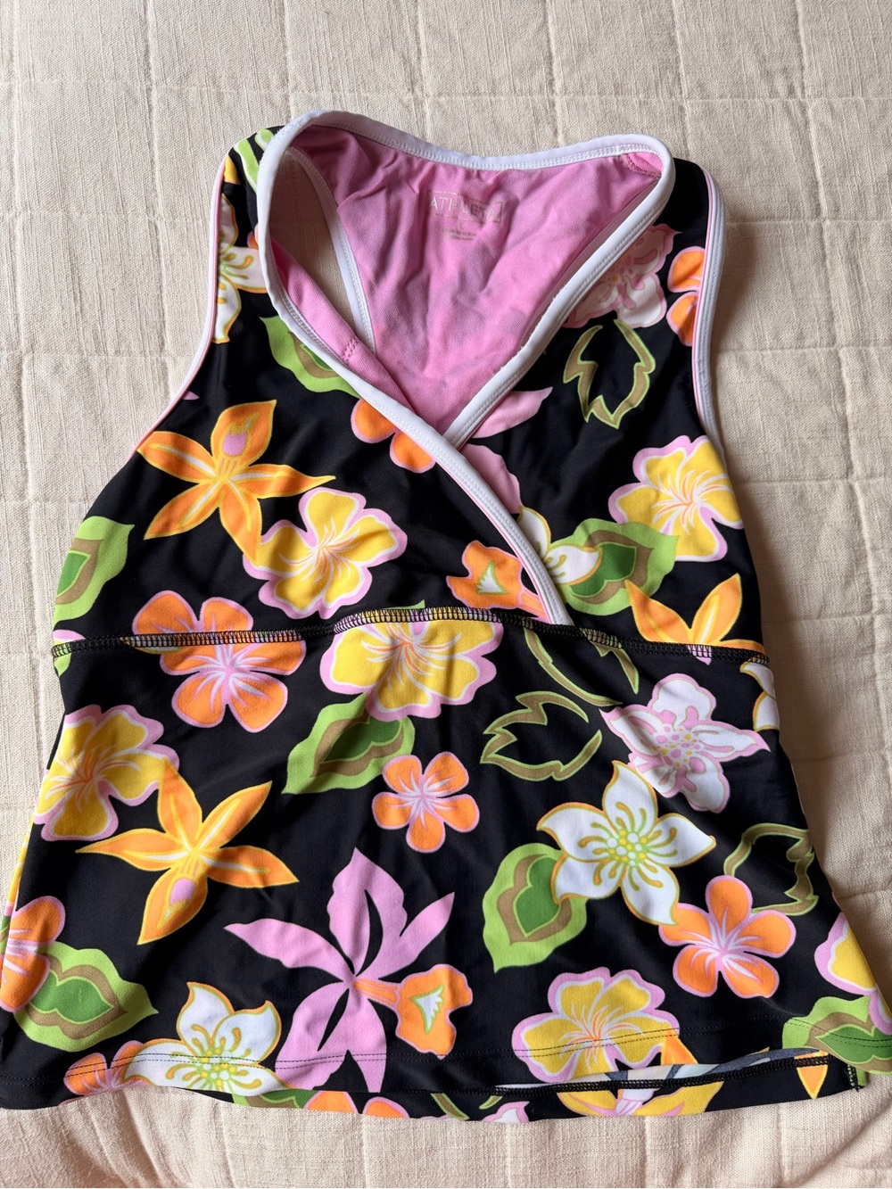 Athleta Pink Scoop Neck Swim Top with White Trim